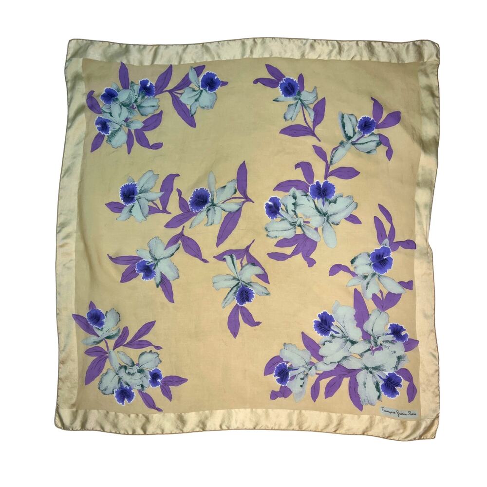 FRANÇOISE GUÉRIN Vintage 32" Beige Silk Floral Scarf – 1970s